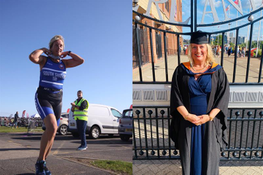 Photo collage of woman running and a woman graduating