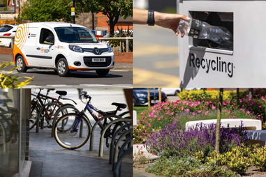 A collage of pictures including an electric van, someone recycling a plastic bottle, bikes and plants