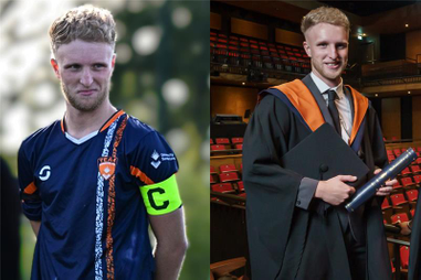 Photo collage of Danny playing football and graduating