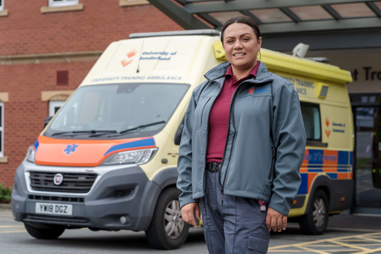 Stacey Thain standing infront of a University of Sunderland ambulance