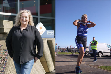 Photo collage of woman standing and woman running