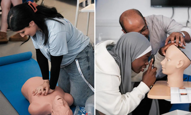 Students using medical equipment