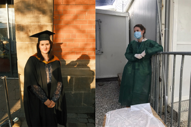 Photo of woman graduating and a photo of woman wearing medical gown and mask