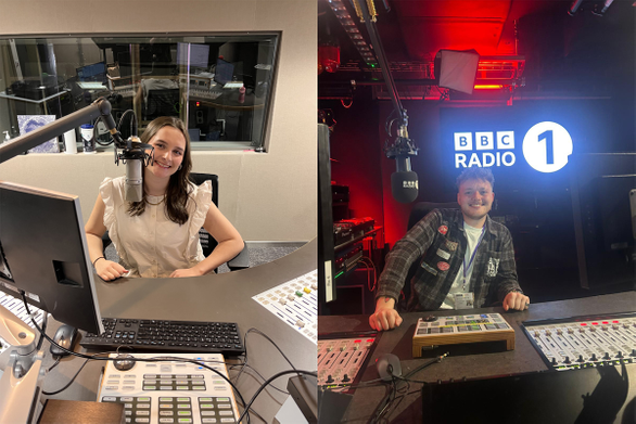 Graduate and Volunteer sat behind radio desk