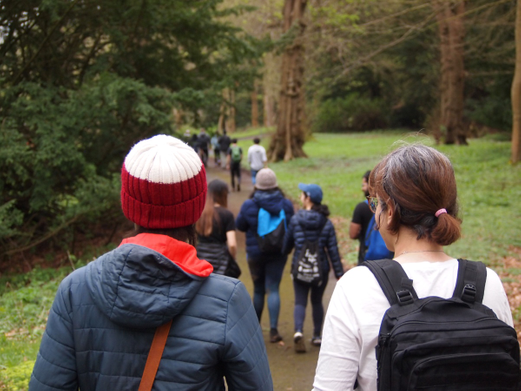 Group of students walking around trees