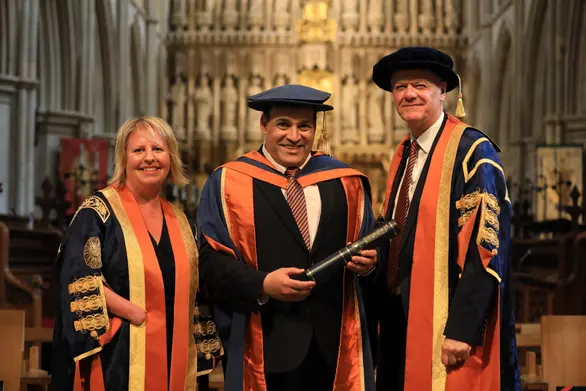 Jonathan Ganesh with University of Sunderland Vice-Chancellor and Chief Executive Sir David Bell and Chancellor Leanne Cahill