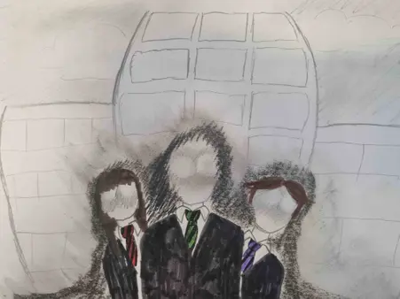 A drawing of three students in uniform