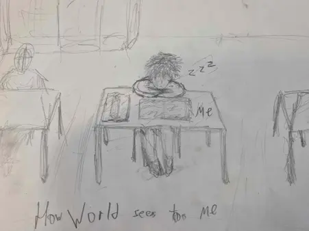 A drawing of someone sitting at a desk