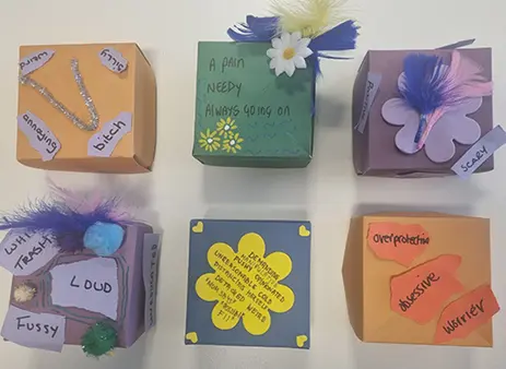 6 paper colourful boxes with negative words and drawings on