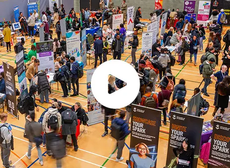 Students in the sports hall for the Jobs and Volunteering Fair