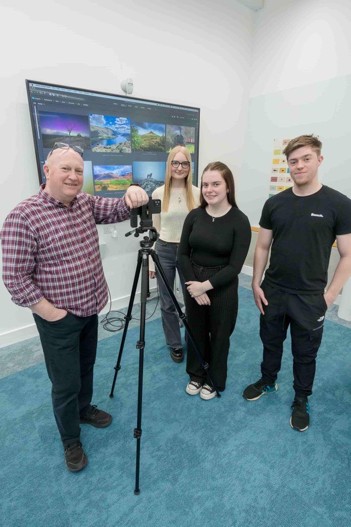 L-R: Senior Weather Presenter for BBC North East and Cumbria Paul Mooney with students Emily Saunders, Nicole Selby and Ryan Stobart-Brown