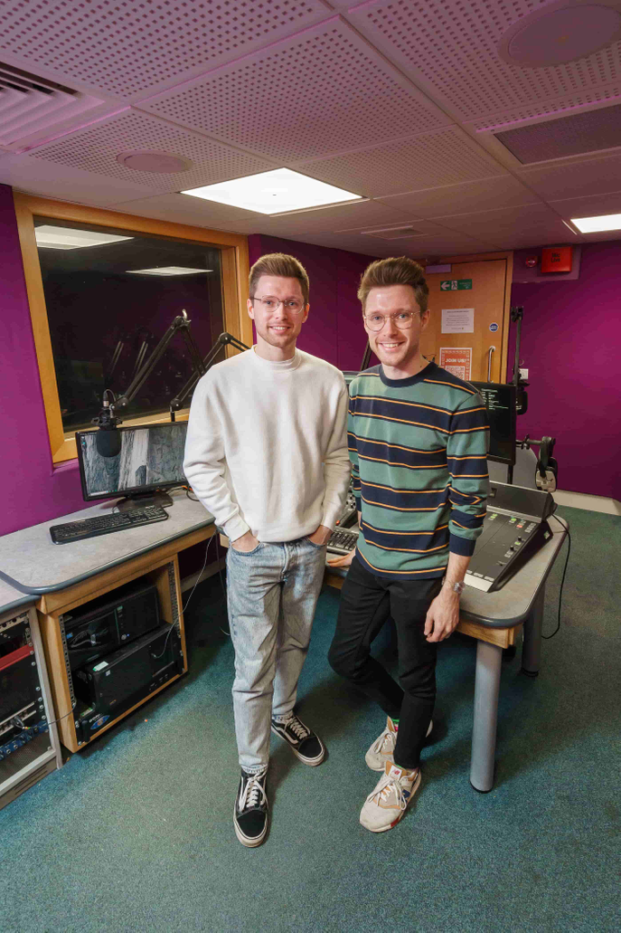 Eurovision-ready: twin brothers Callum striped top and James Rowe