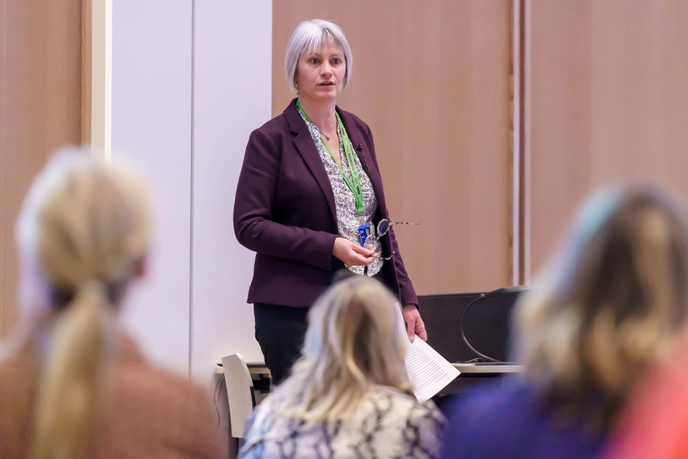 Sarah Beck, Academic Director of Apprenticeships at the University of Sunderland, speaking at the Senior Leaders Research Conference at City Hall, Sunderland