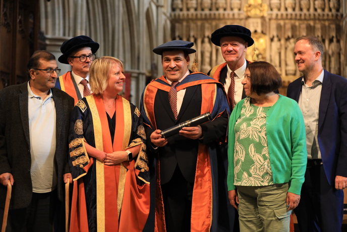 Jonathan Ganesh and guests with University of Sunderland Vice-Chancellor and Chief Executive Sir David Bell and Chancellor Leanne Cahill