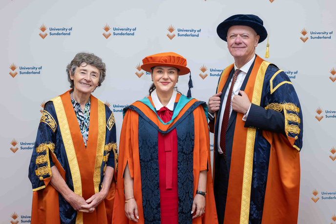 Nagma Ebanks-Beni with Pro-Chancellor Margaret Fay and Vice-Chancellor Sir David Bell