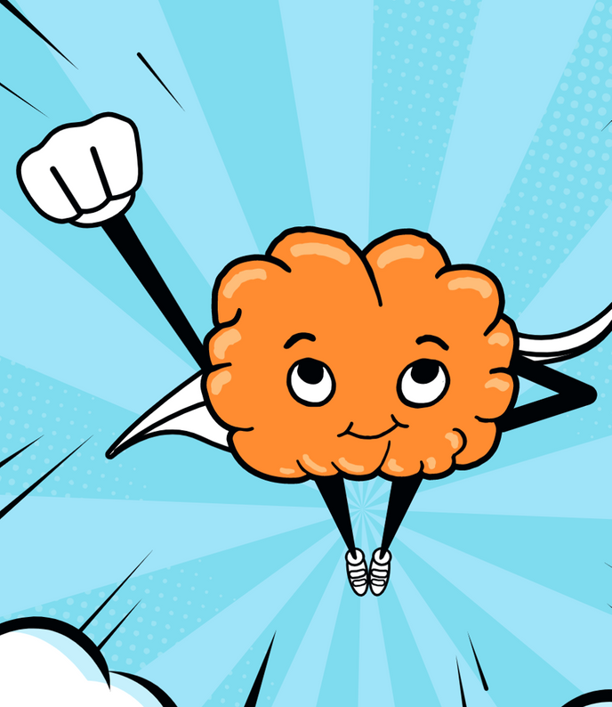 Mini Mind character shown as a cartoon brain in a superhero cape