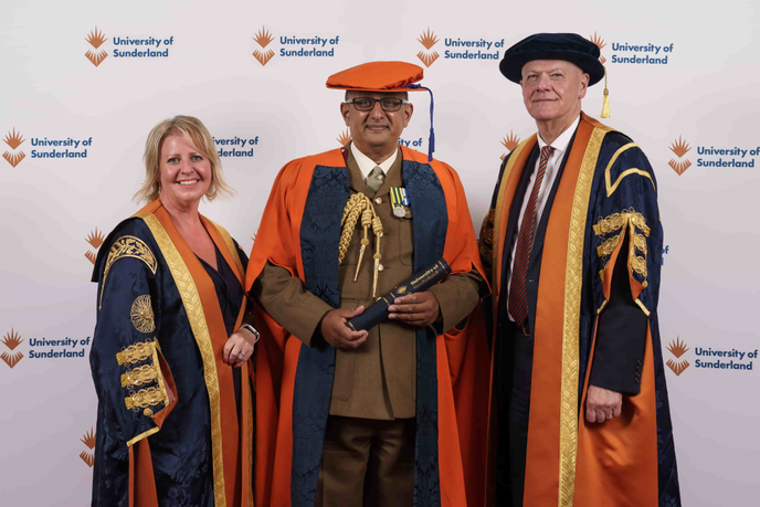 Honorary Graduate with Chancellor and Vice-Chancellor in gowns