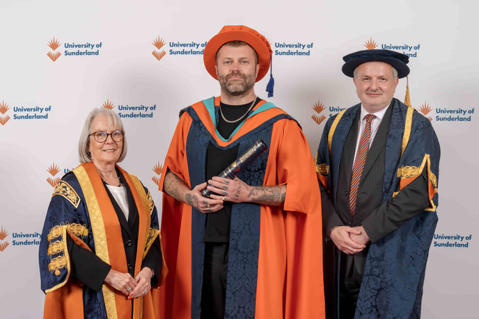 Ryan Hope with Pro-Chancellor Margaret Fay and Deputy Vice-Chancellor