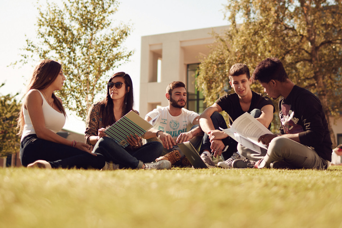 Students studying with books outside on grass