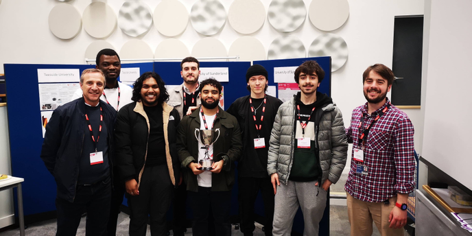 (left to right) David Winter (Support Technician, University of Sunderland) with all participating Mechanical Engineering students Jude Ani, Ahnaf Amin, Mustasem Bouha, Jose Saurith, Ben Clapp, Zen Hassoun and Dr Aidan Bowes (Programme Leader for Engineer