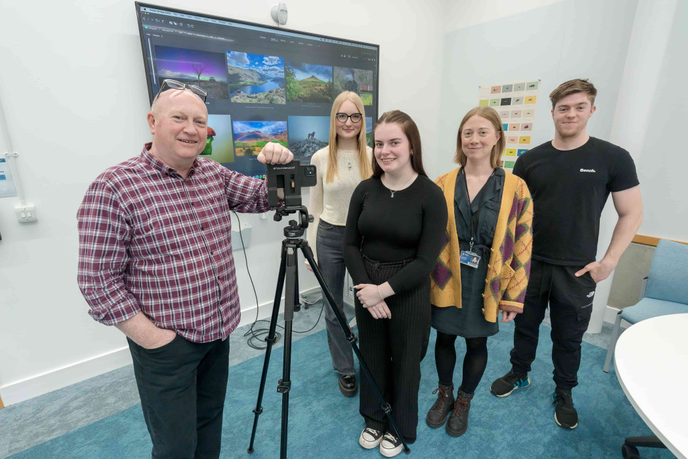 L-R: Senior Weather Presenter for BBC North East and Cumbria Paul Mooney, students Emily Saunders, Nicole Selby, Lecturer Johannah Churchill and student Ryan Stobart-Brown
