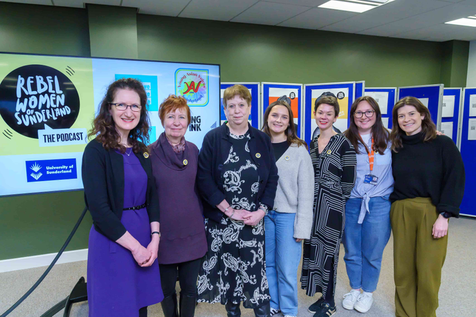 Professor Angela Smith with Professor Mary Talbot, Dr Caroline Mitchell, Bobbi Bunker, Laura Brewis, Grace McDonough and Lottie Steele at the Rebel Women of Sunderland Podcast event at the University of Sunderland