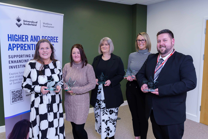 L-R Teaching apprentices Lisa Richardson (Cedars Trust College), Kate Birtles (The Sue Headley Nursery School), Jean Metcalfe (Springboard North East), Kelly Lawrence (Coquet Park First School) and Lee Shillito (Springboard North East) with their awards