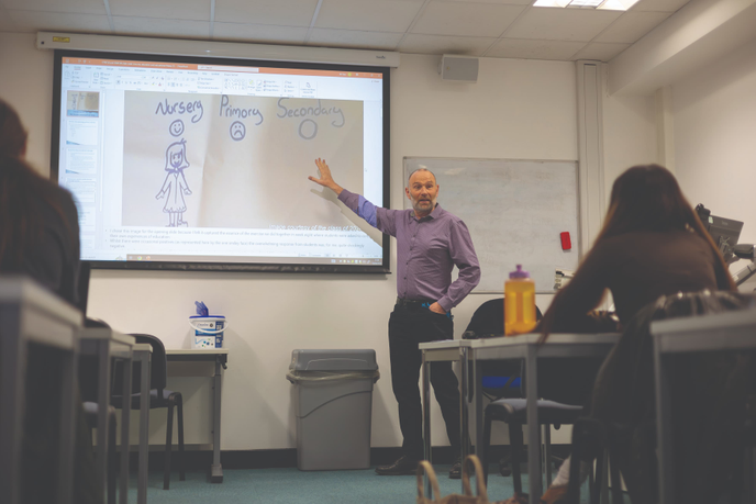 Academic teaching in front of class using whiteboard