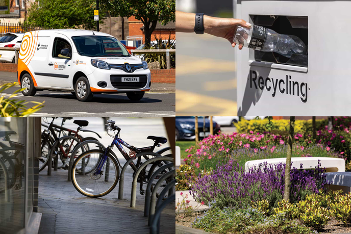 A collage of pictures including an electric van, someone recycling a plastic bottle, bikes and plants