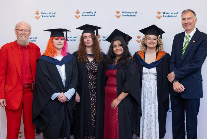 Mike Davies CBE, Meg Campbell, Hannah Garrett, Madi Stoica, Sara Heraoua and Professor Kevin Petrie, Head of the School of Art and Design