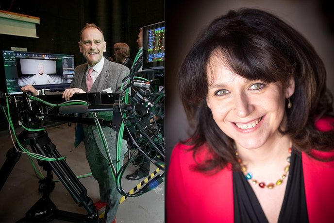 A photo collage of Jeff Brown in the University's virtual production studio and Julie Elliott smiling at the camera