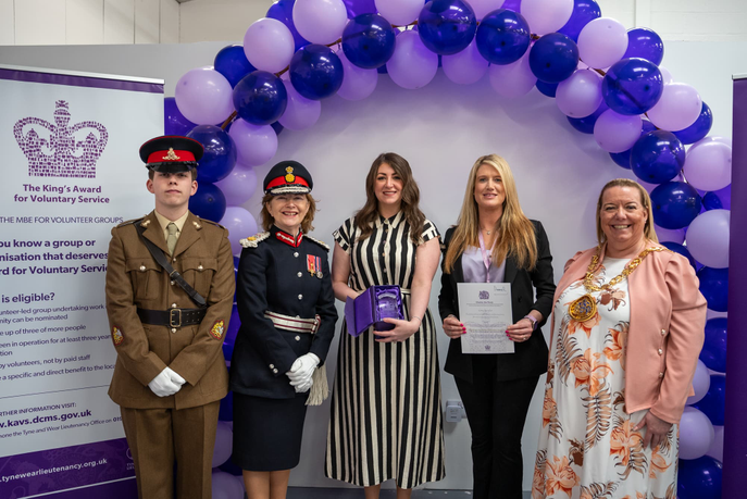 Love, Amelia staff with Lord-Lieutenant and Mayor in front of balloon arch