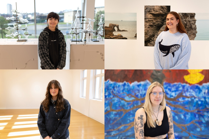 Collage of students standing in exhibition spaces
