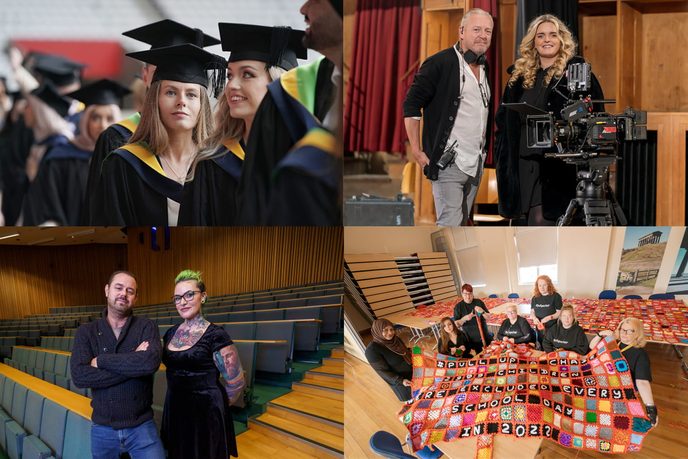 Collage of pictures that include: students graduating in cap and gown, academic with guest in lecture hall, graduate with director with camera, academic with volunteers with blanket