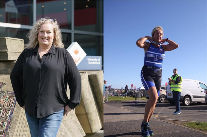 Photo collage of woman standing and woman running
