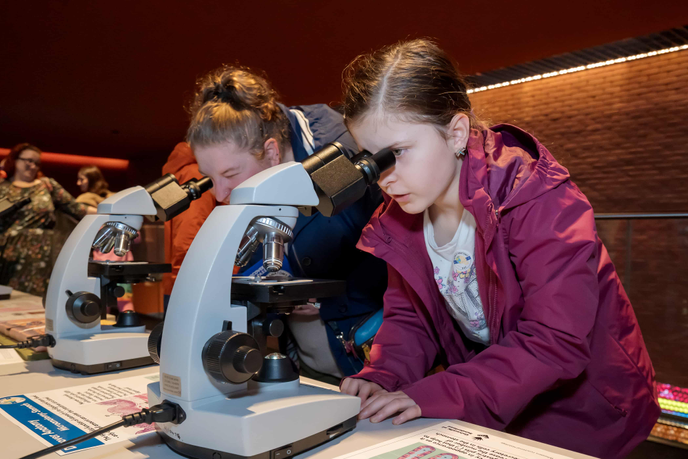 Visitors to World Anatomy event looking into microscopes