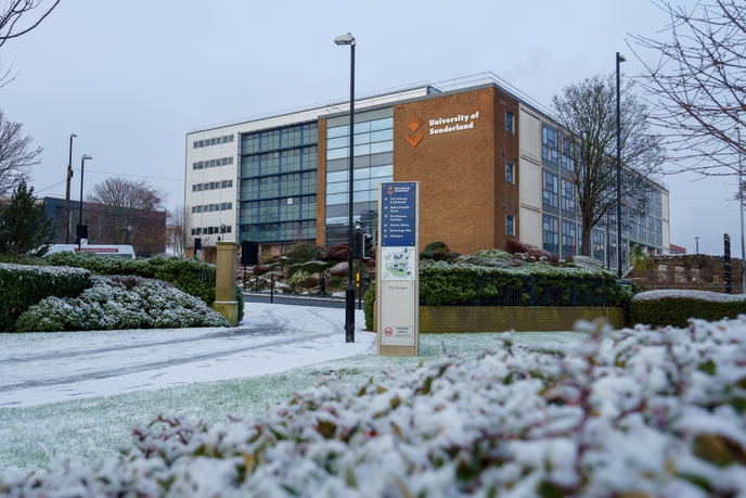The university's city campus with snow