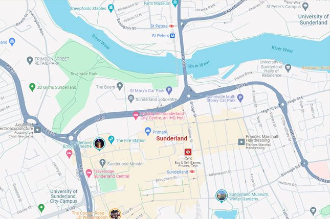 An extract of Google Maps featuring Sunderland City Centre