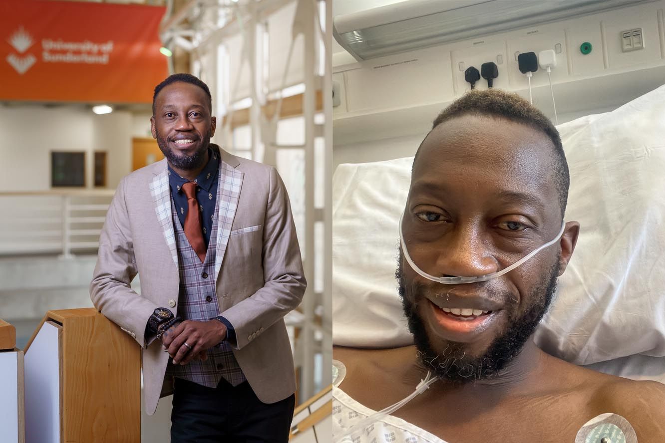 Kudz Munongi in a suit smiling next to another image of him recovering in a hospital bed smiling