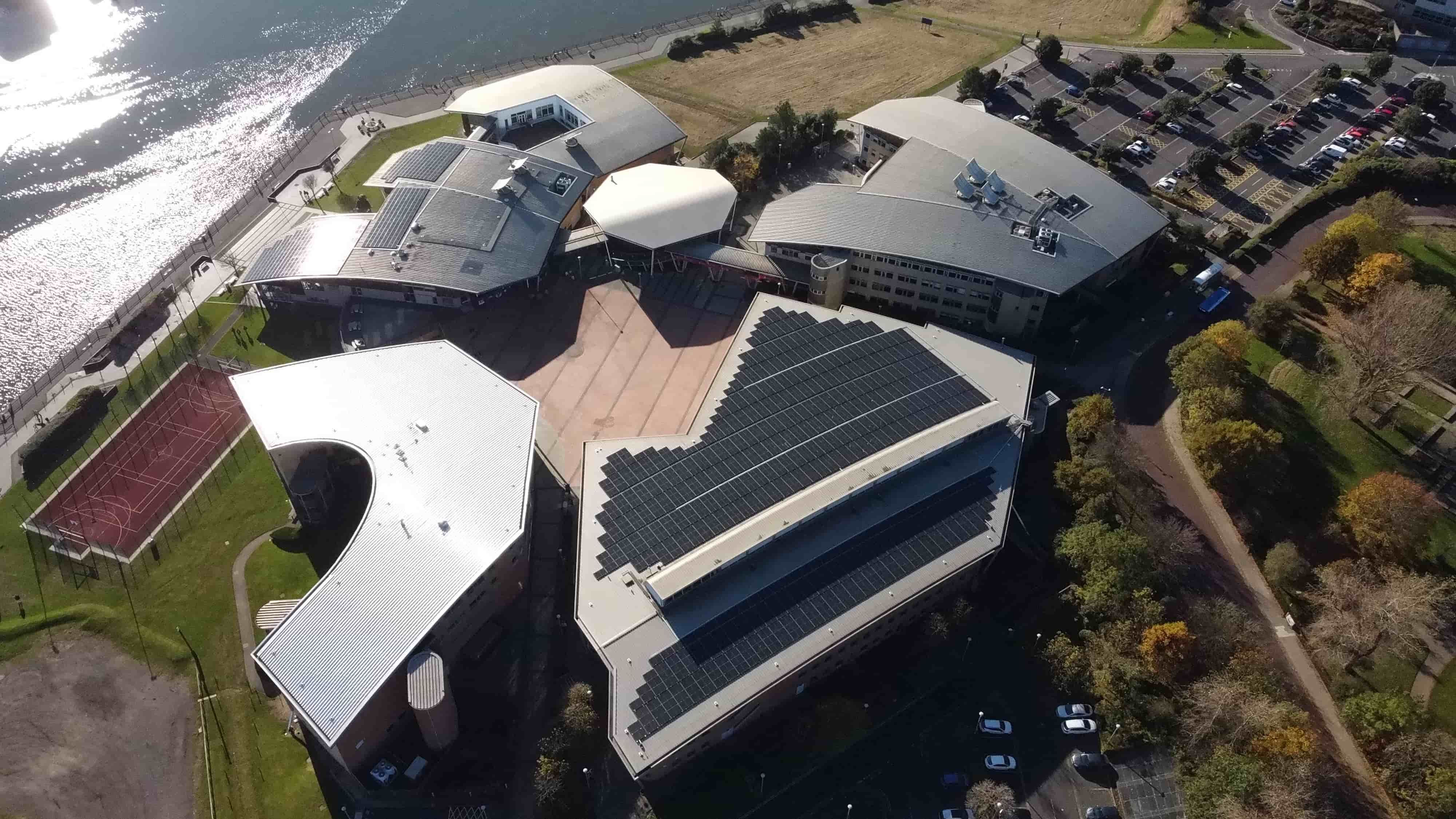 An above shot of the solar panels on the David Goldman building