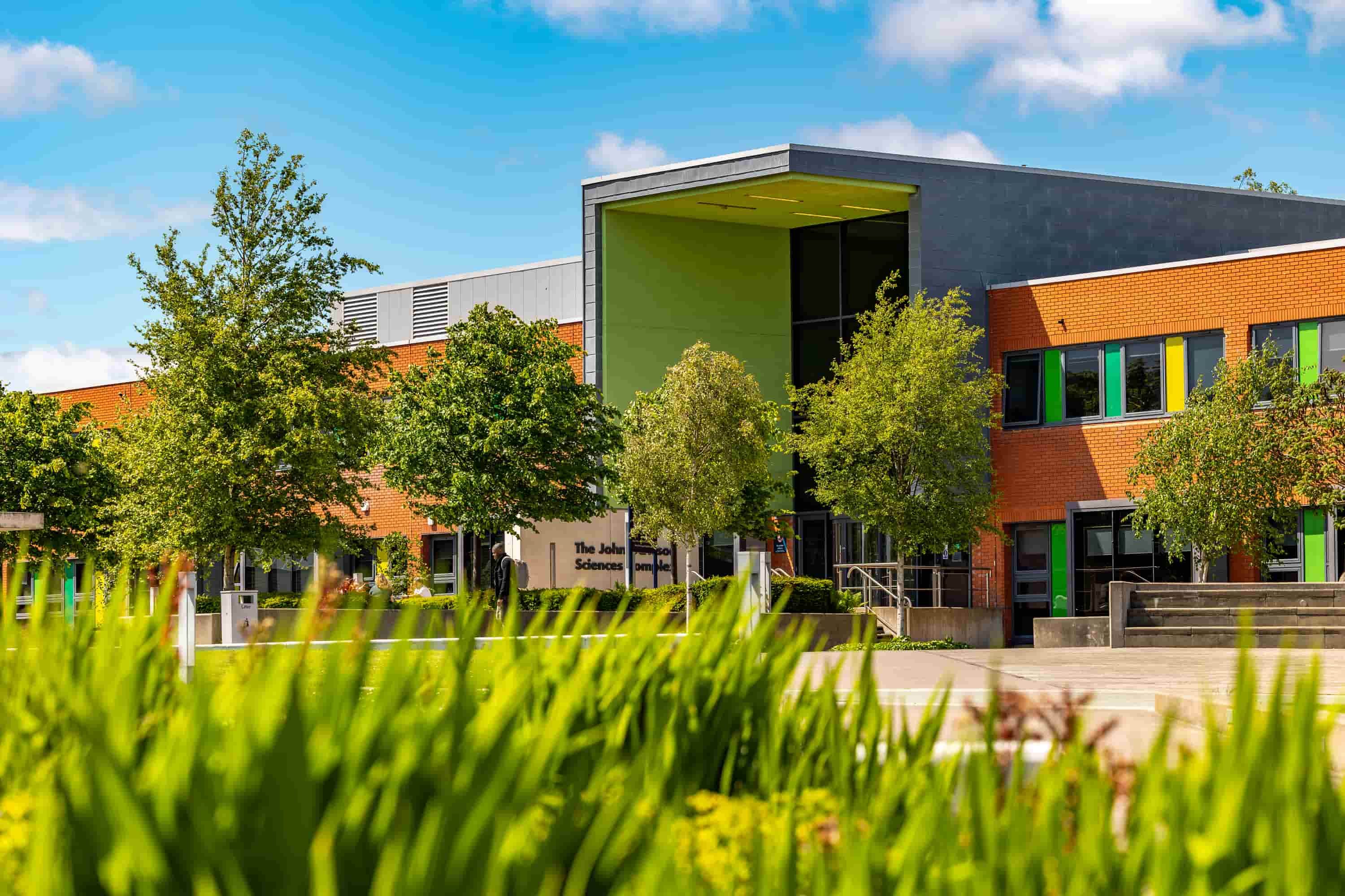 The trees and grass outside John Dawson Sciences Complex in the sunshine with blue skies