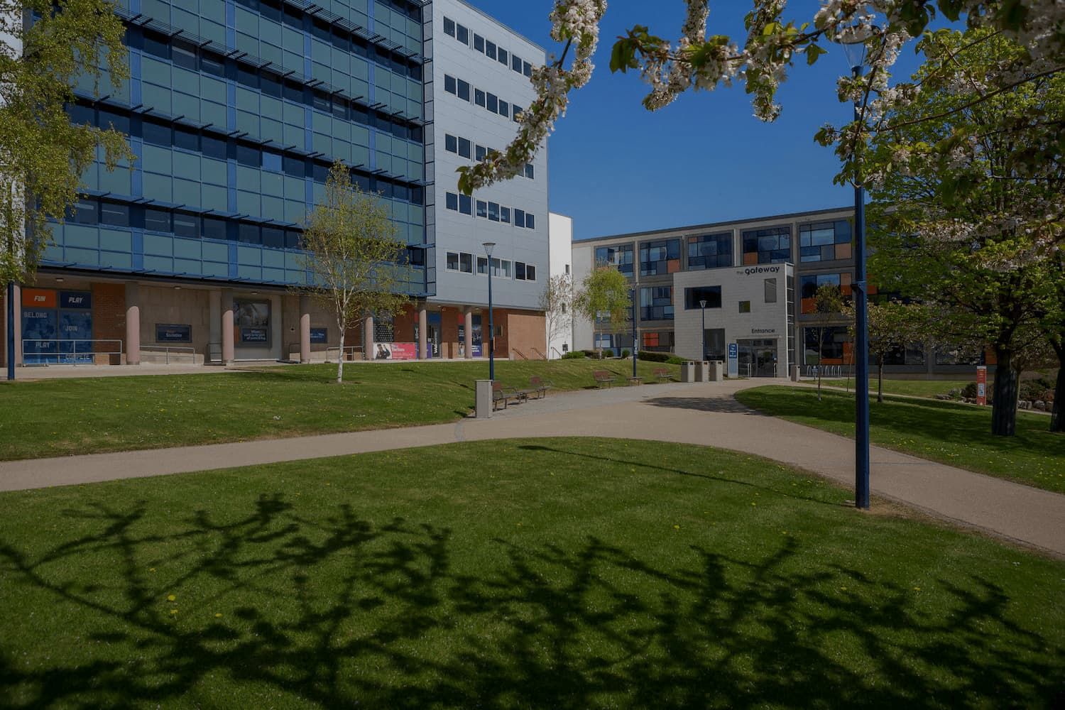 An empty city campus, overlooking grassy areas on a sunny day