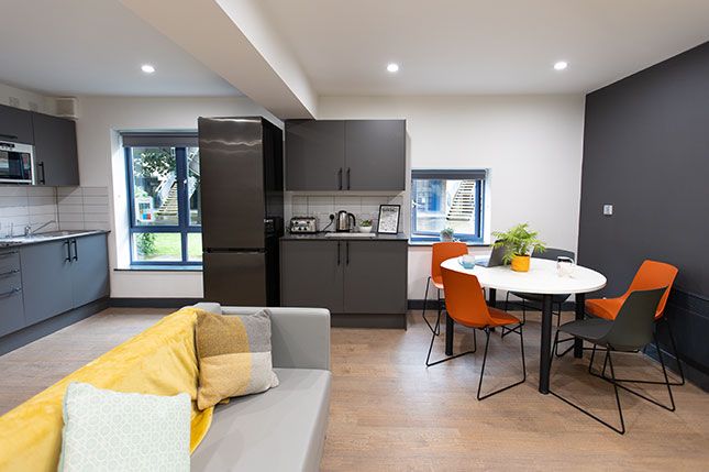 A kitchen and seating area with a sofa, dining table and chairs, kitchen benches with cupboards, and a fridge in a Panns Bank Refurbished Kitchen
