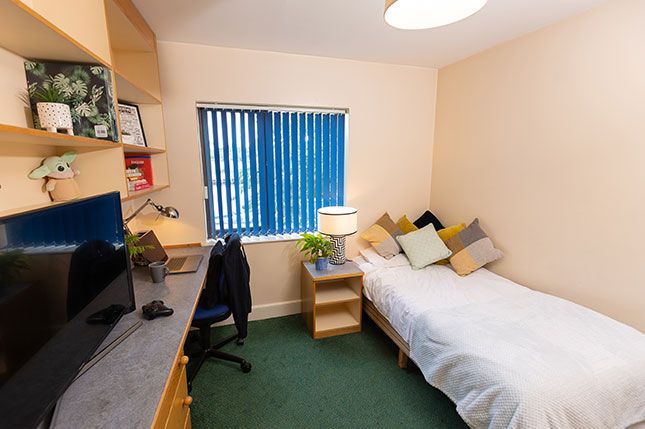 A single bed, bed side table, desk, chair and shelves in a Panns Bank Standard bedroom