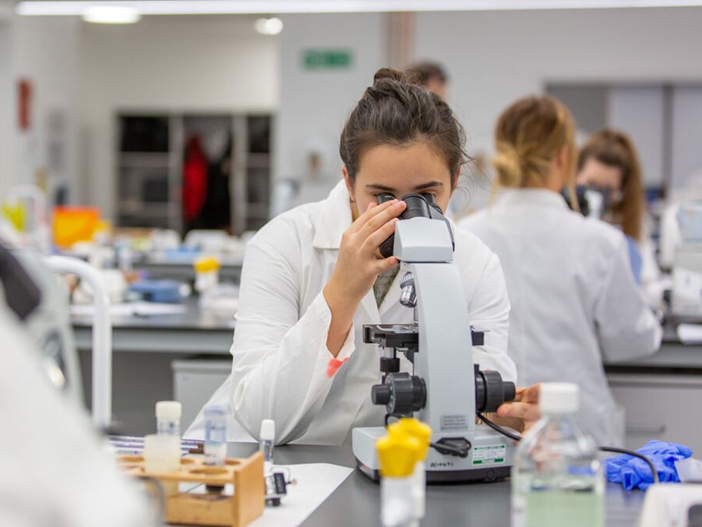 A student looking through a microscope in the lab