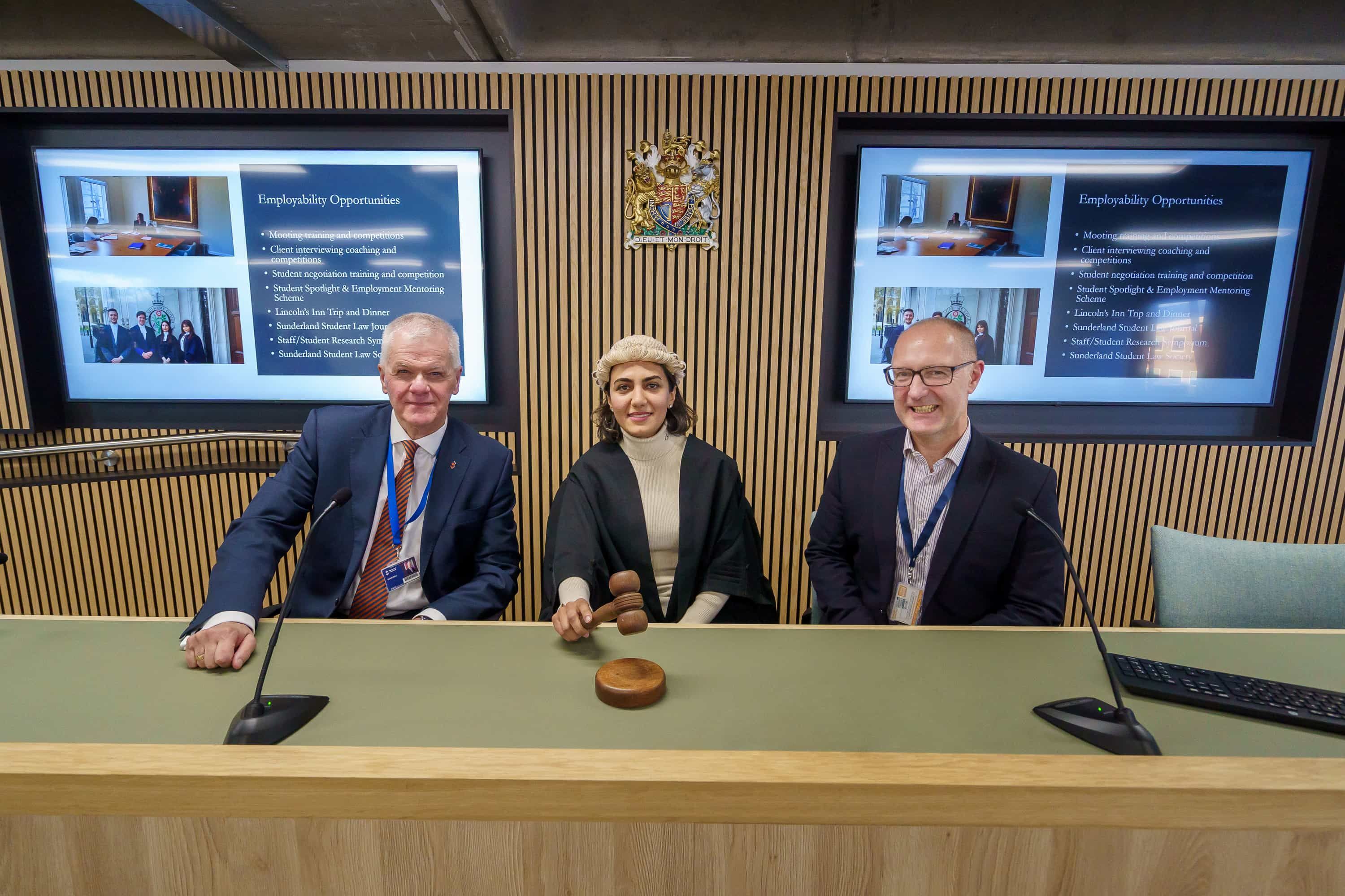 Sir David Bell, Pardis Tehrani, Associate Head of Law School in the Faculty of Business, Law and Tourism, and Professor Lawrence Bellamy in the new mock courtroom