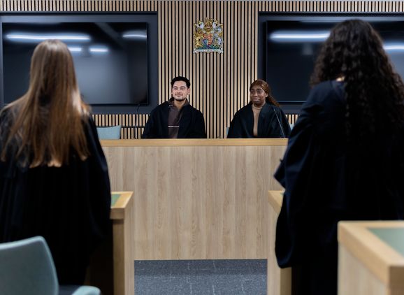 Students in the mock law court in the judges box