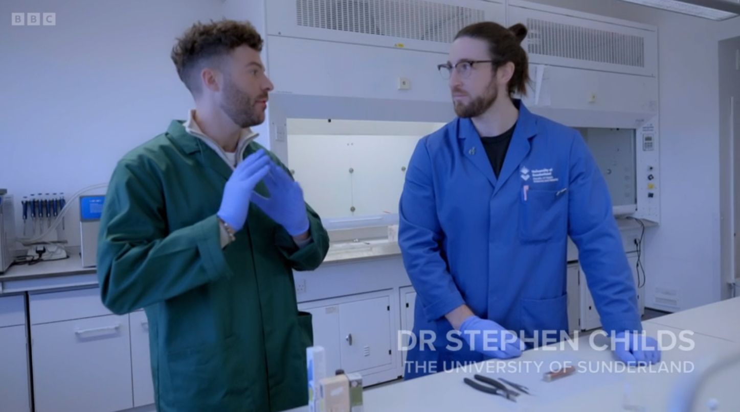 Jordan North speaking to Dr Stephen Childs at the University of Sunderland as part of his new BBC documentary about vaping